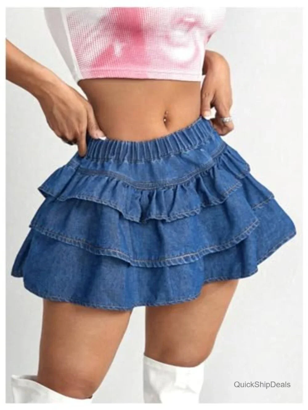 Y2K Drop Waist Denim Mini Skirt Ruffle Hem A-Line Low Rise
